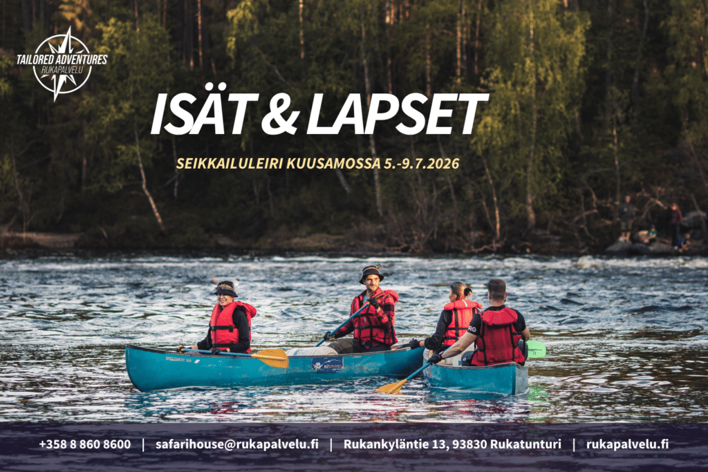 Kuvassa on ihmisiä kanooteissa Oulankajoella, Isät ja lapset seikkailuleirin melontaretkellä.