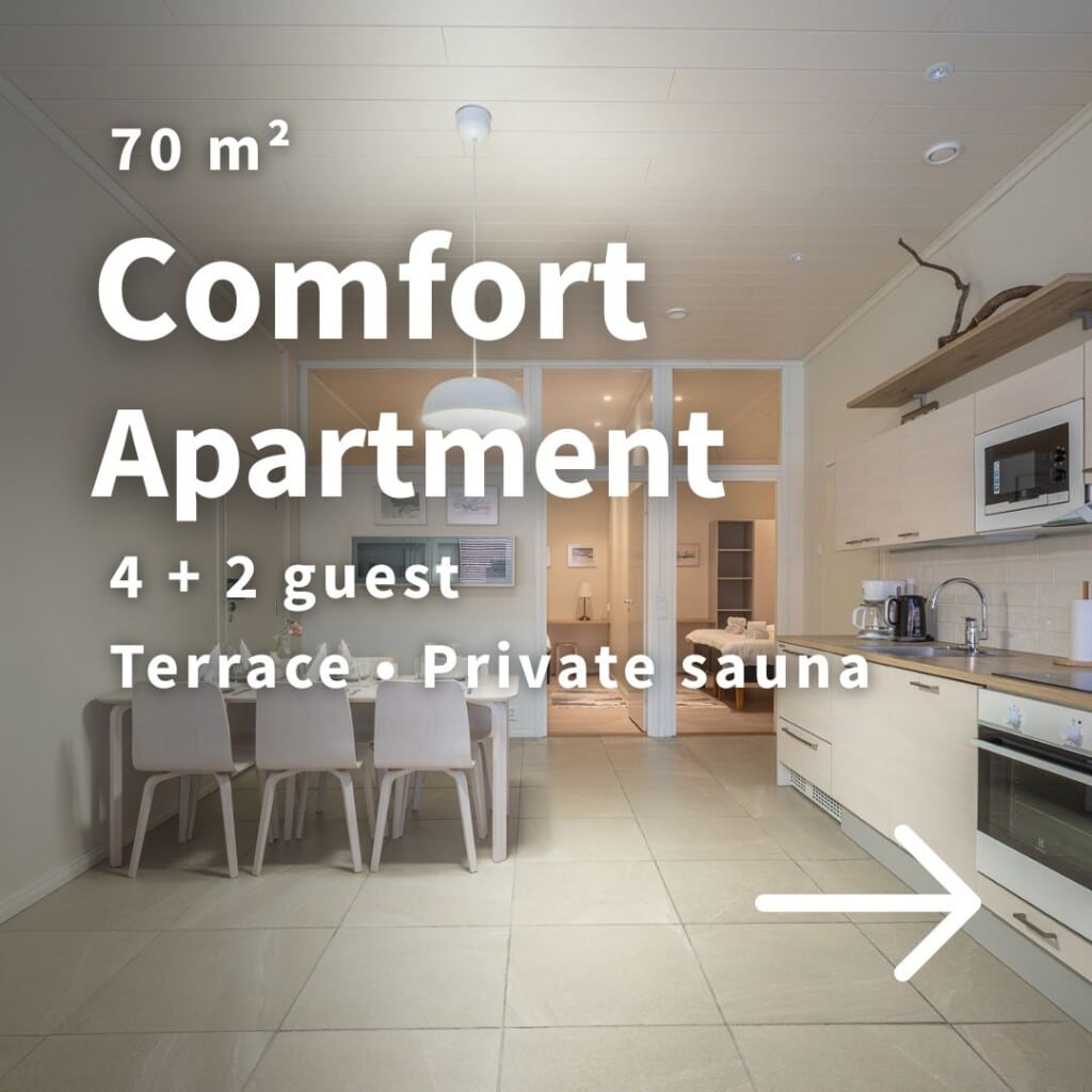 Rukariutta Comfort Apartment
70 m2, accommodates 4 + 2 guests
Terrace & Private sauna