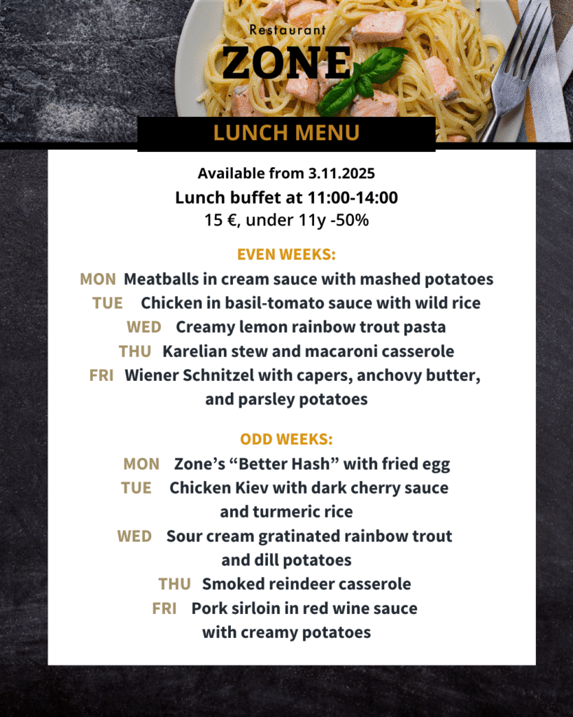 Lunch menu for winter 2025-2026 at Restaurant Zone