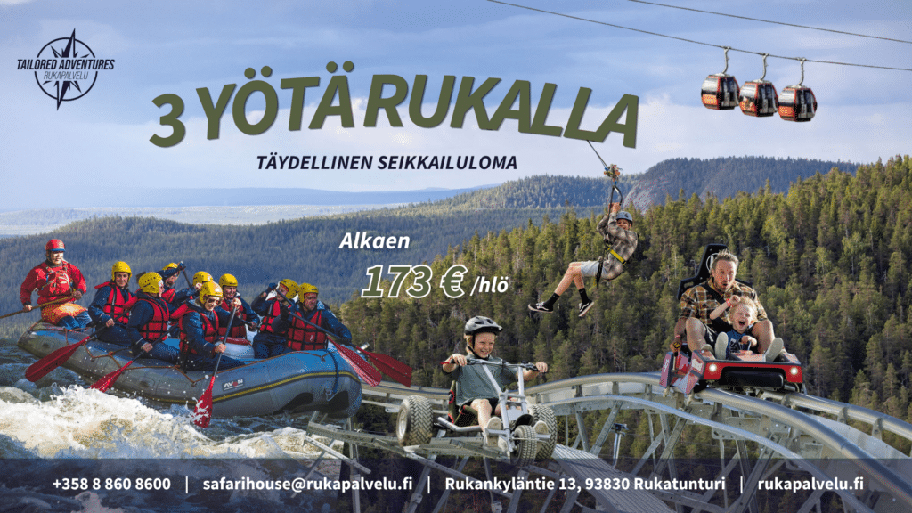 Koe Rukan kesä parhaimmillaan: koskenlaskua Kitkajoella, Ruka-Ranneke -hupipäivä ja viihtyisä majoitus. Varaa valmis kesäloma helposti verkosta.