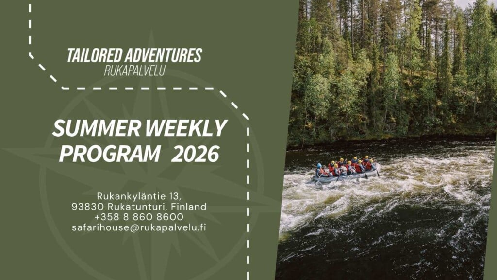 Guests white water rafting on the Kitkajoki River in Ruka–Kuusamo during the Summer Weekly Program under the bright Midnight Sun of Finnish Lapland.