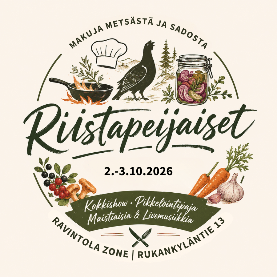 Riistapeijaiset-tapahtuman logo Ravintola Zonessa Rukalla. Logossa näkyy teeri, kokkishow, pikkelöintipaja, satokauden vihanneksia, sieniä ja marjoja. Tapahtuma juhlistaa suomalaista villiruokaa, riistaa ja syksyn makuja.
